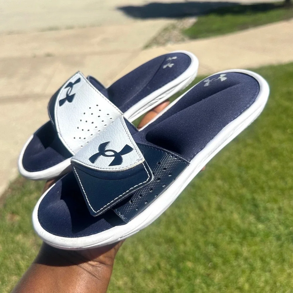 Under Armour Ignite VI Little Kids Slide Sandals Size 2Y Navy Blue White Shoes